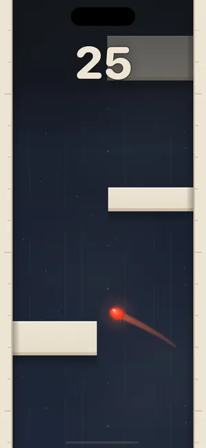 A run at score 25: the vermilion ball crossing the shaft past cream ledges, the top of the shaft in shadow behind the score
